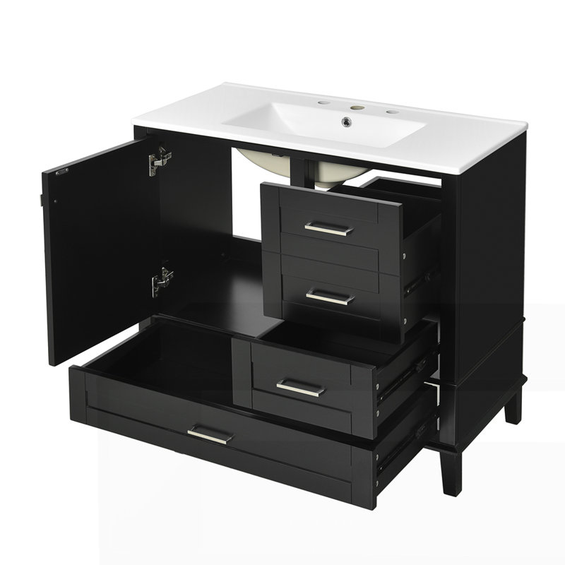 36" Bathroom Vanity with Solid Pine Frame, Black, Silver