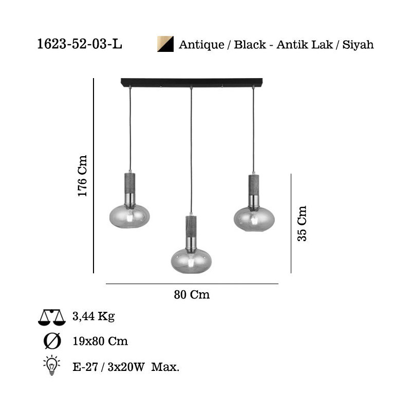 Lustre antique en métal laqué, hauteur réglable 13,8 - 69,3, capuchon en verre de diamètre 7,5, 3 douilles E27 (40 W maximum) | Design élégant pour le salon, la salle à manger ou le vestibule | Luminaire élégant pour la maison, classé IP20