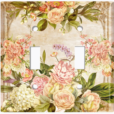 Metal Light Switch Plate Outlet Cover (Vintage Rose Frame - Double Toggle)