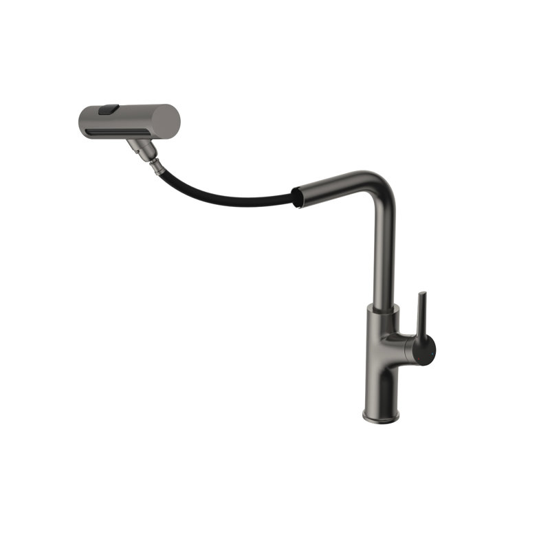 Robinet de cuisine rotatif à 360 ° Gunmetal noir, 4 modes de pulvérisation pour les pots de remplissage, contrôle des éclaboussures, cartouche en céramique, complet, trousse d'installation rétractable de 1,65 po de largeur de base,