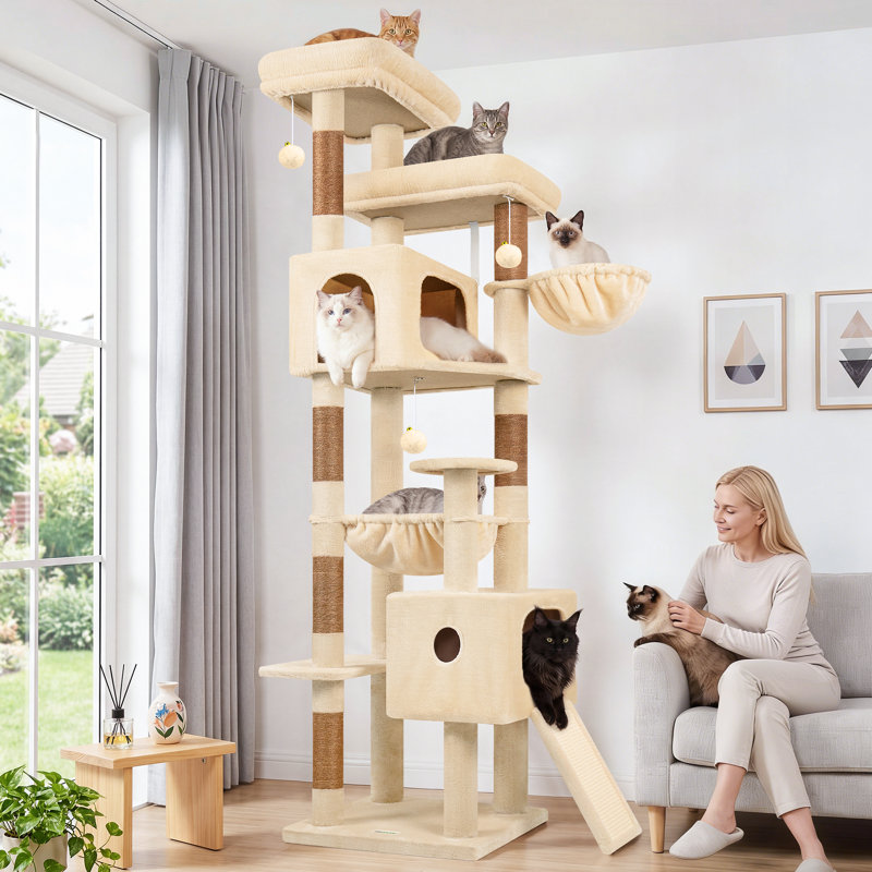 Arbre à chat 80 po pour grands chats, tour à chat multi-niveaux pour 4 chats et plus avec 2 condos et hamacs, aire de jeu en velours doux, arbre à chat d'angle peu encombrant, facile à assembler