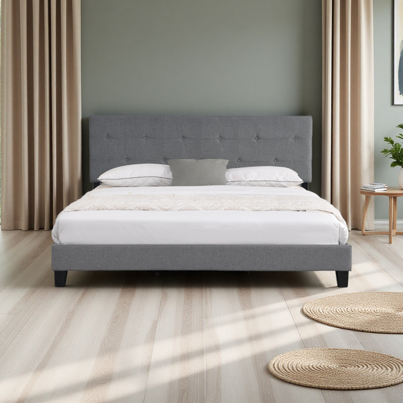 Très grande base de lit tapissier avec tête de lit en tissu capitonné, pas de sommier tapissier, support à lattes de bois, assemblage facile