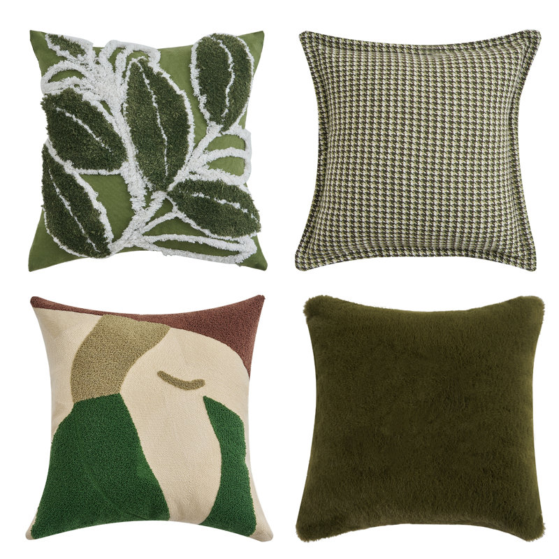 Linen Tuft Throw Pillow Cover,Faux Fur Cushion Case,Green Thousand Bird Grid Pillowcase,18x18inch,Set of 4