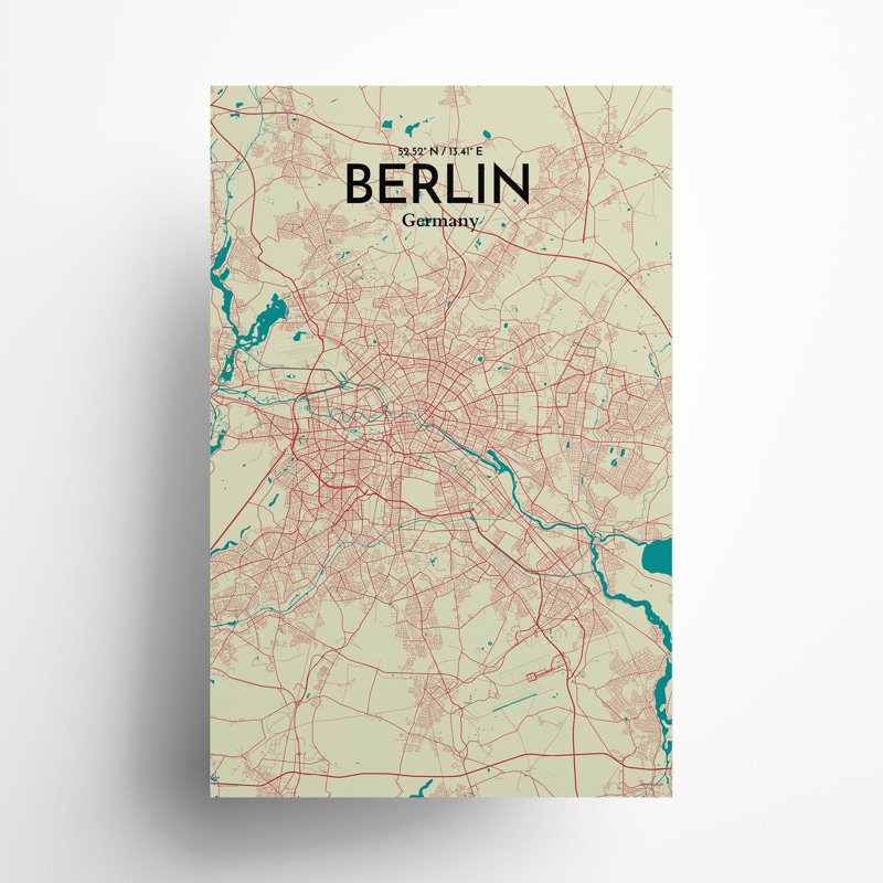 Berlin City Map In Tricolour - No Frame Print, 17cm H x 11cm W x 0.05cm D
