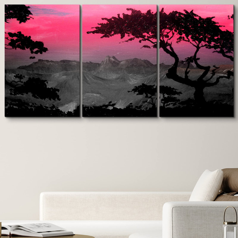 Moody, rouge foncé, vue de montagne, vallée, nature, aquarelle, art moderne, rustique, H 36 po x l 72 po