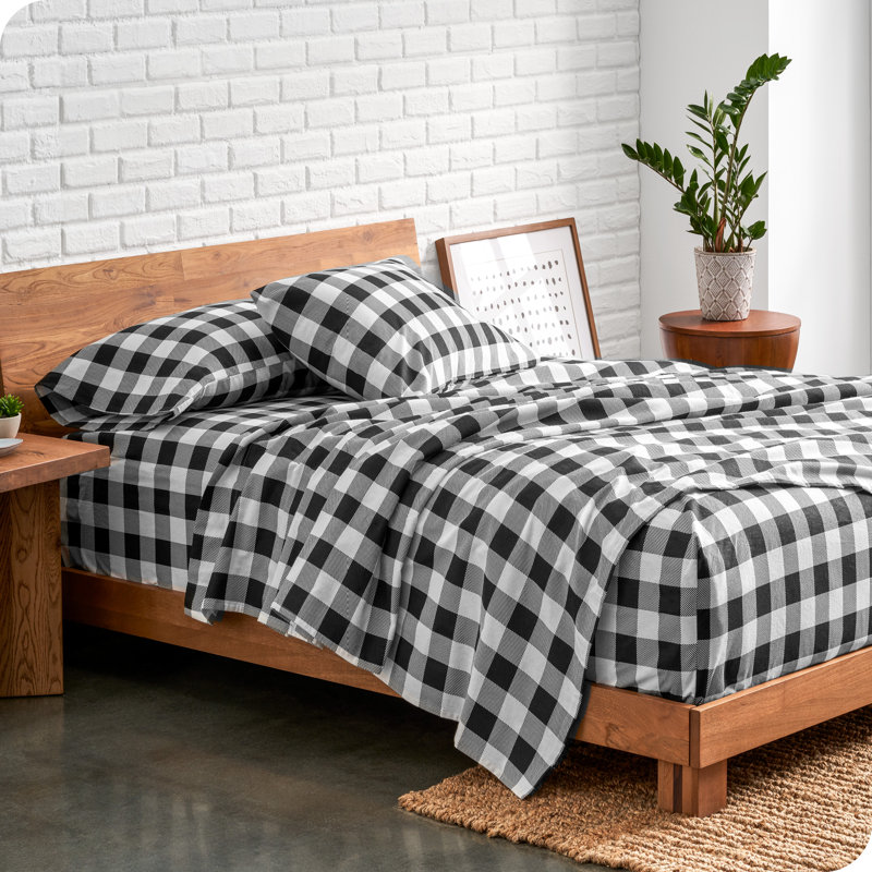 Ensemble de literie en flanelle 100 % coton, Tissu écossais à gros carreaux blancs et noirs