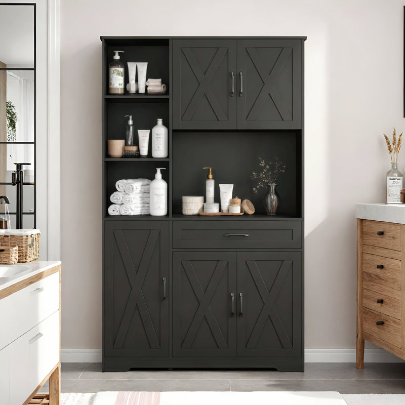 Armoire de salle de bain autoportante avec tiroir central 70,8 po Nechemya, Noir