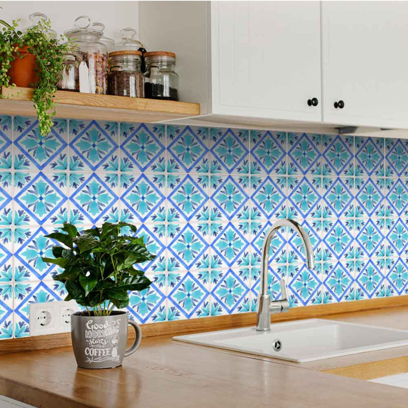 Carreau de mosaïque auto-adhésif en vinyle 4 po x 4 po, Bleu clair / bleu