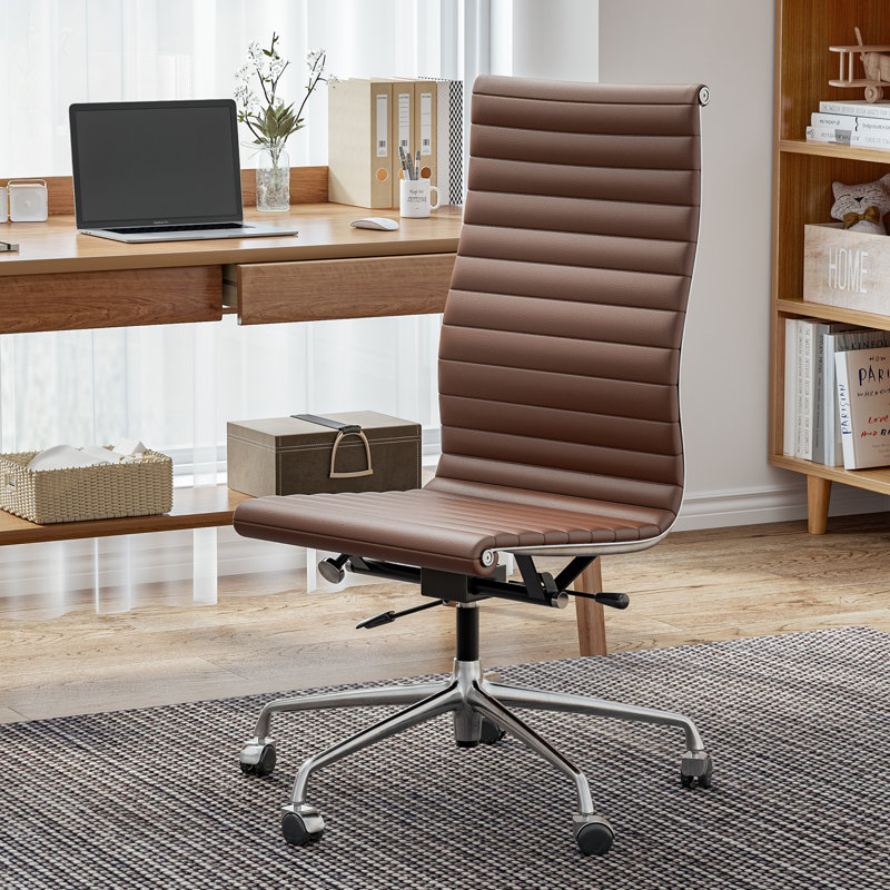  High Back Armless Genuine Leather Task Chair With Aluminum Frame, Armless Desk Chair, Brown