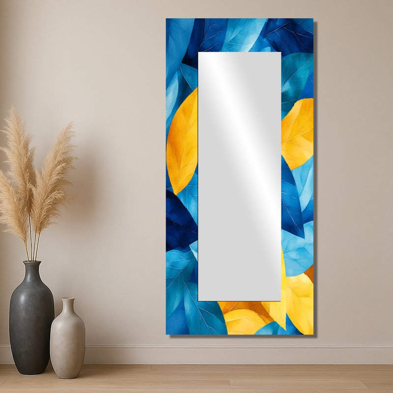 Feuilles numériques bleues et jaunes II - art mural miroir floral - imprimé sur métal, 28 po x 60 po