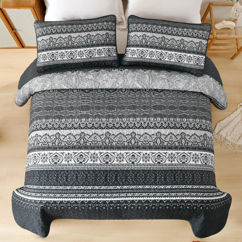 Ensemble de 3 courtepointe Boho Bohemian, Courtepointe pour lit grand + deux taies décorati, Noir
