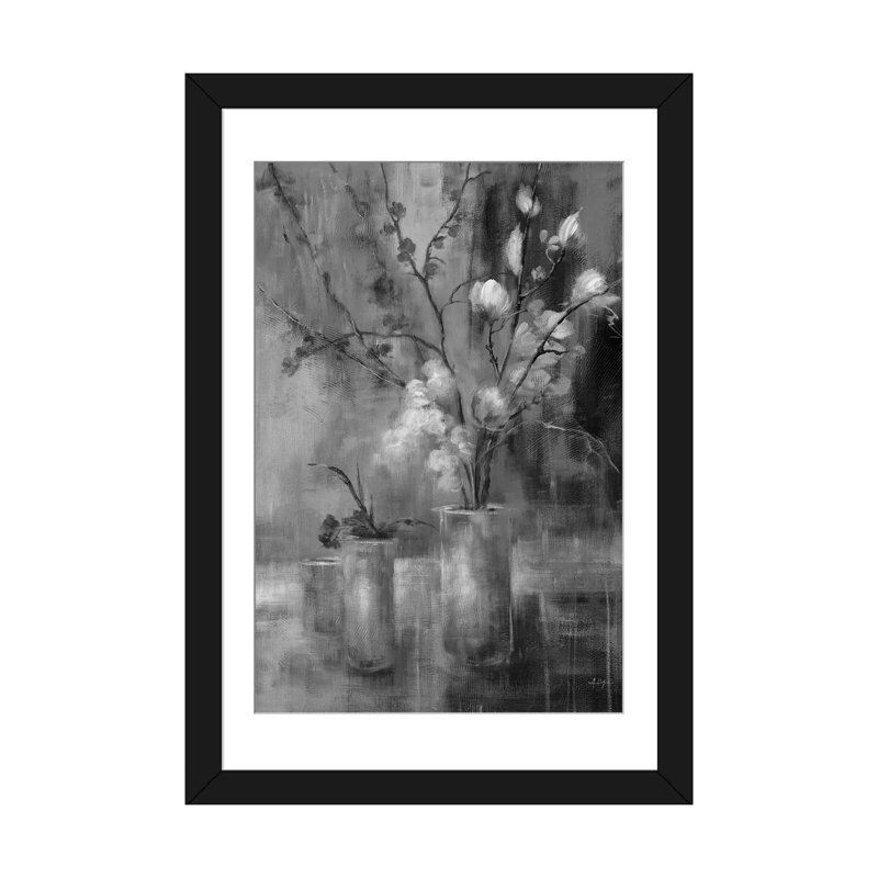 Floral argent, H 24 po x l 16 po, Papier noir avec cadre d'angle ouvert, Noir / blanc