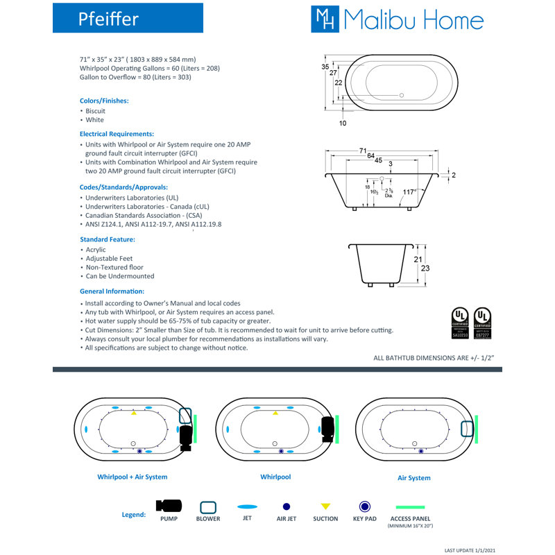 Pfeiffer 71" x 35" Drop In Soaking Acrylic Bathtub, White