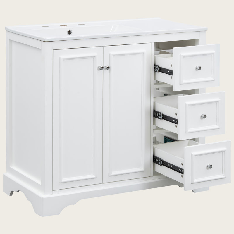Meuble-lavabo transitionnel 36 po avec lavabo en céramique 36 po, portes à fermeture douce, 3 tiroirs, tablette réglable