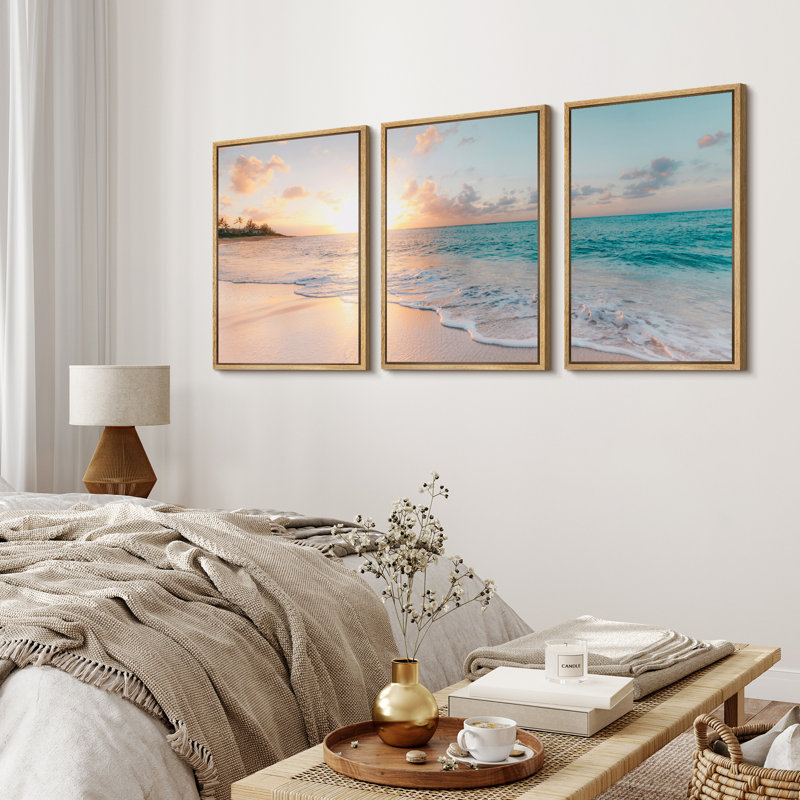 Aesthetic Sunset on Teal Ocean Coastal Beach Shore Framed Canvas 3 Pieces Print Triptych Wall Art, 36" H x 72" W