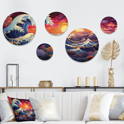 Coucher de soleil japonais sur les vagues de Kanagawa, ensemble d'art mural rond japonais de 5