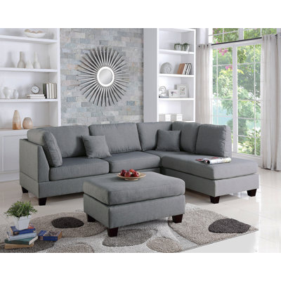 Grey Color 3Pcs Sectional Living Room Furniture Reversible Chaise Sofa And Ottoman Polyfiber Linen Like Fabric Cushion Couch