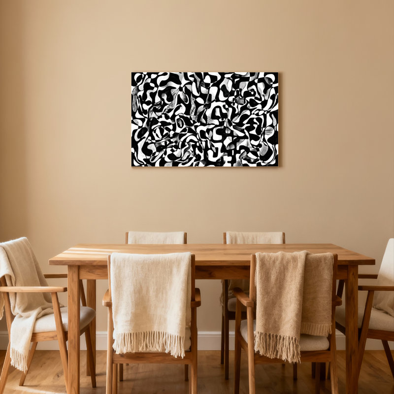 Abstrait noir et blanc sur toile tendue, reproduction d'art sur toile, ensemble de 1, H 12 po x l 18 po