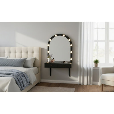 Floating Wall Mounted Makeup Vanity Desk with LED Mirror 3 Color Lights, Compact Dressing Table with Power Outlet & USB Charging, Space Saving Large Storage Vanity for Bedroom Bathroom, Black