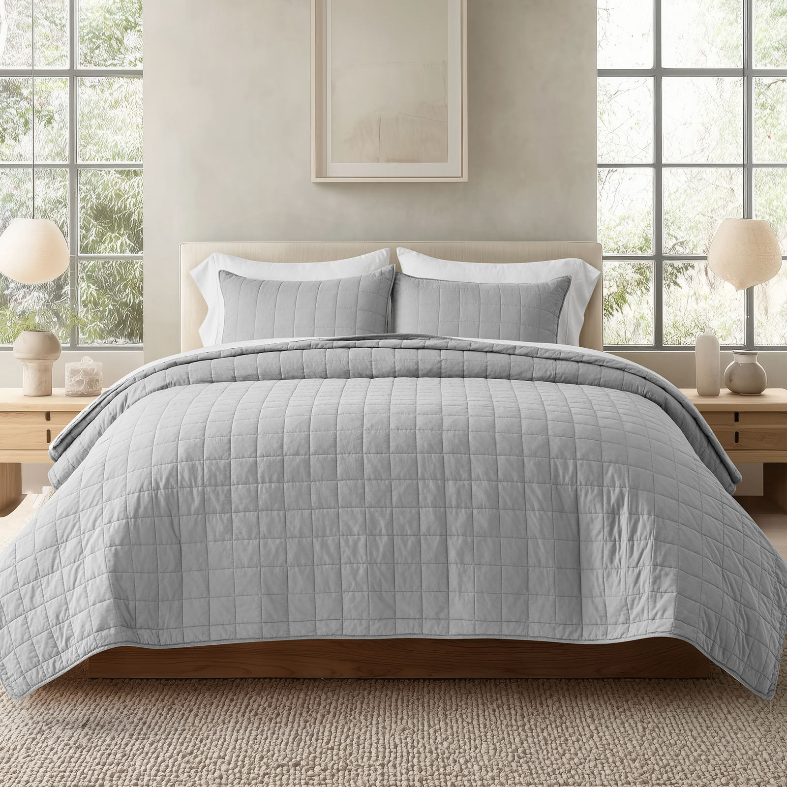 100% Cotton Box Stitch Quilt Set, King Quilt + 2 King Shams, Fog Gray