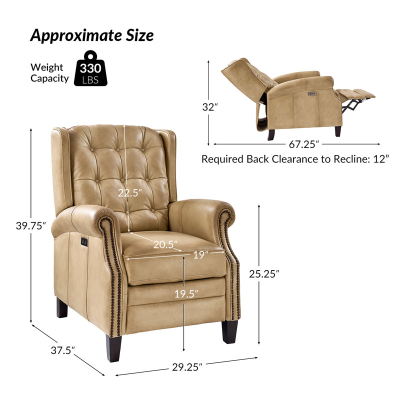 Martina 29.25''W Waxed Leather Power Recliner with Solid Wood Legs, Beige