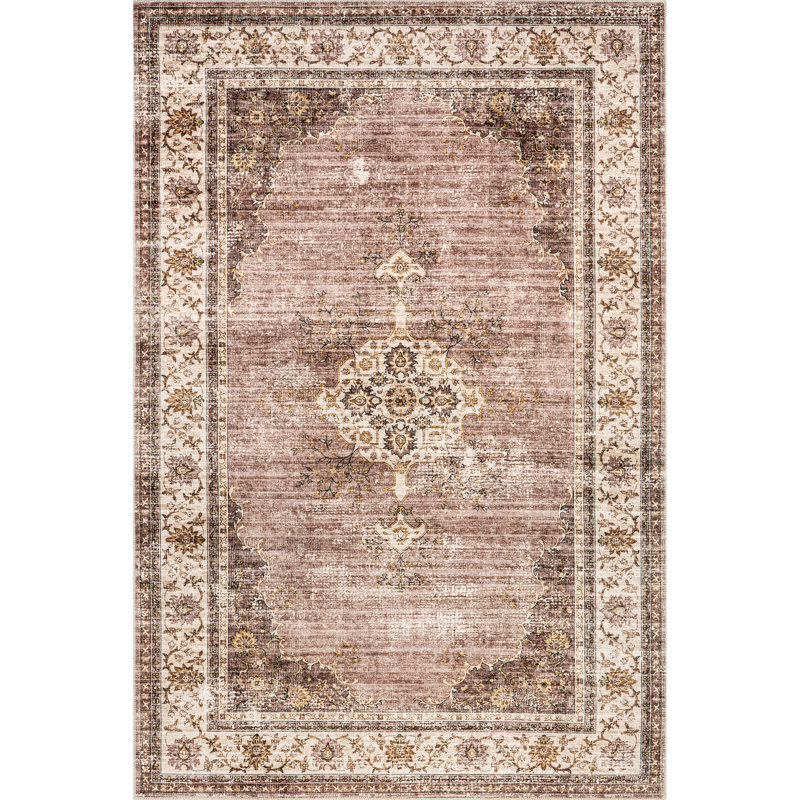 Tapis oriental brun en polyester tissé à la machine Guendi, Rectangle de 5 pi x 8 pi