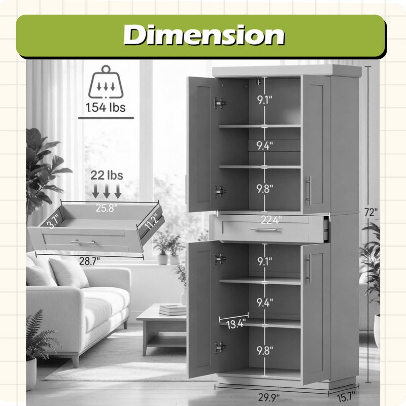 Armoire de rangement autoportante, garde-manger de cuisine, Gray