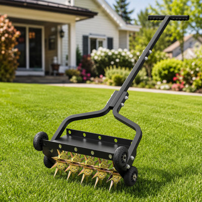 18-Inch Push Lawn Aerator, Heavy-Duty Steel Manual Yard Aerator with 5 Independent 8" 3D Star Tines, 220 lbs Weight Tray & Adjustable Handle for Lawn and Garden Care