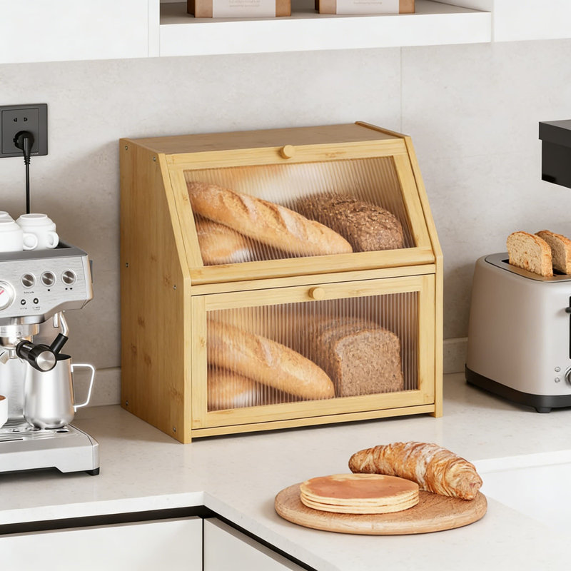 Très grande boîte à pain en bambou pour comptoir de cuisine, bac de rangement de pain à double couche avec verre ondulé acrylique, garde-pain en bois naturel pour la fraîcheur