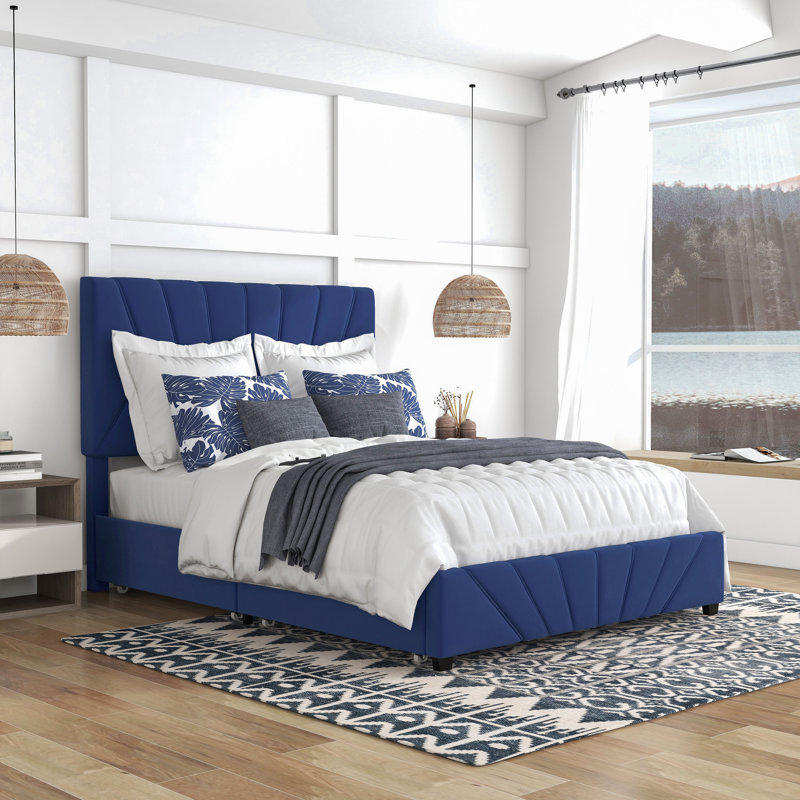 Lit plateforme tapissier avec rangement Amillya, Complète, Bleu marine