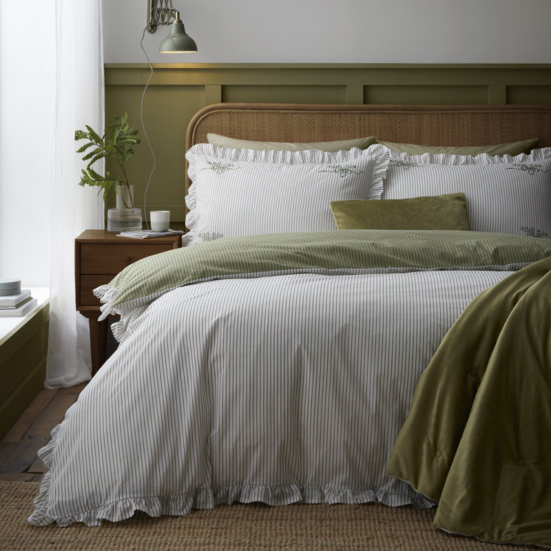Frilled Embroidered Bow Stripe Cotton Striped Duvet Cover Set, Double Bed (200 x 200 cm)