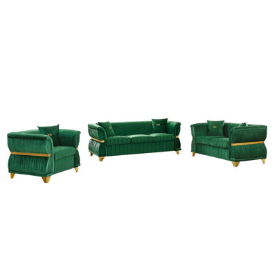 3-Piece Modern Velvet Sofa Set for Living Room, Upholstered Accent Couch Set with Gold Metal Trim, Tapered Gold-Tone Legs & Curved Armrests, Includes Armchair, Loveseat & 3-Seater Sofa