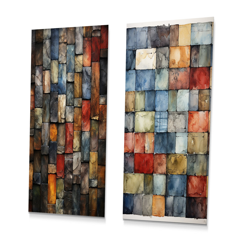 «Colorful Earth Colors Tiles II», ensemble de 2 reproductions d'art mural, H 32 po x l 32 po
