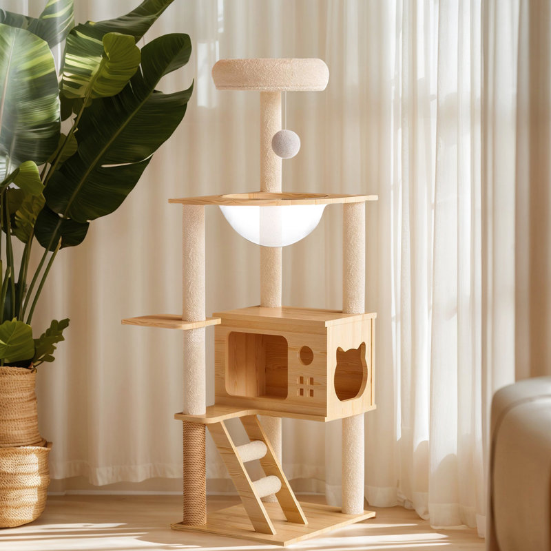 Tour pour arbre à chat de 48,8 pouces avec poteaux à griffer, acrylique et perchoir supérieur pour chats de toutes tailles, décor intérieur naturel et blanc, chats modernes, stable et confortable