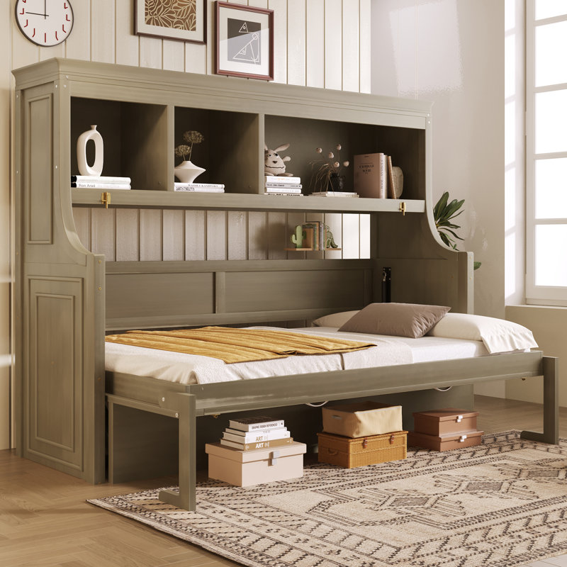 Lit escamotable simple avec bureau et tablettes de rangement, lit peu encombrant pour chambre d'amis ou bureau à domicile, aucun sommier requis