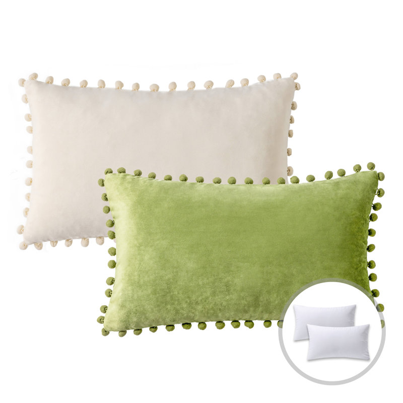 Coussin décoratif en velours bicolore avec garniture de pompons, Rectangle 12"H x 20"W, Offwhite + Navy