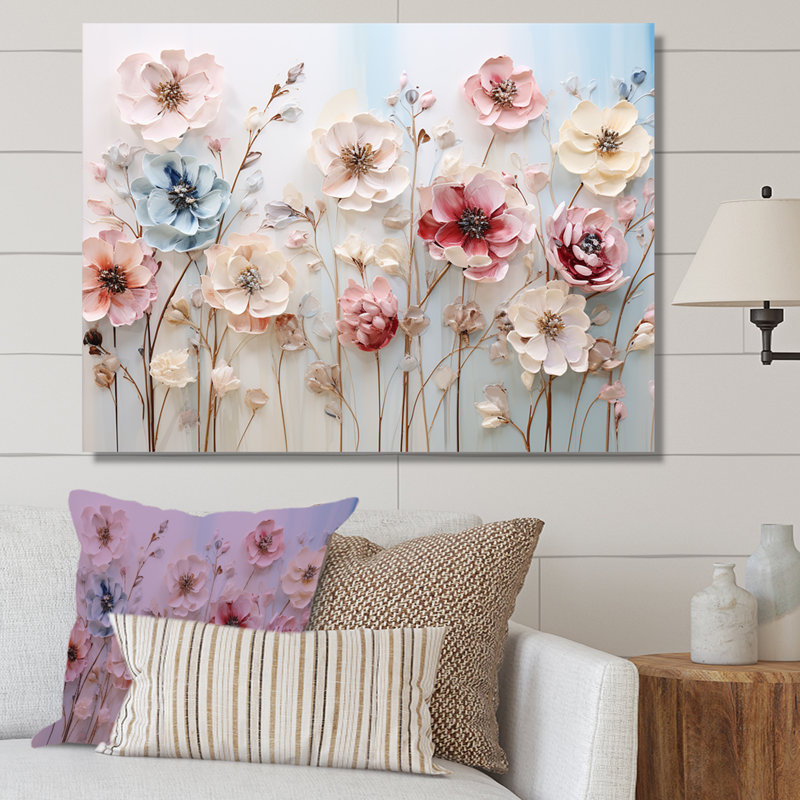 Art floral mural blanc et rose pour salon, Toile tendue, H 34 po x l 44 po x P 1,5 po