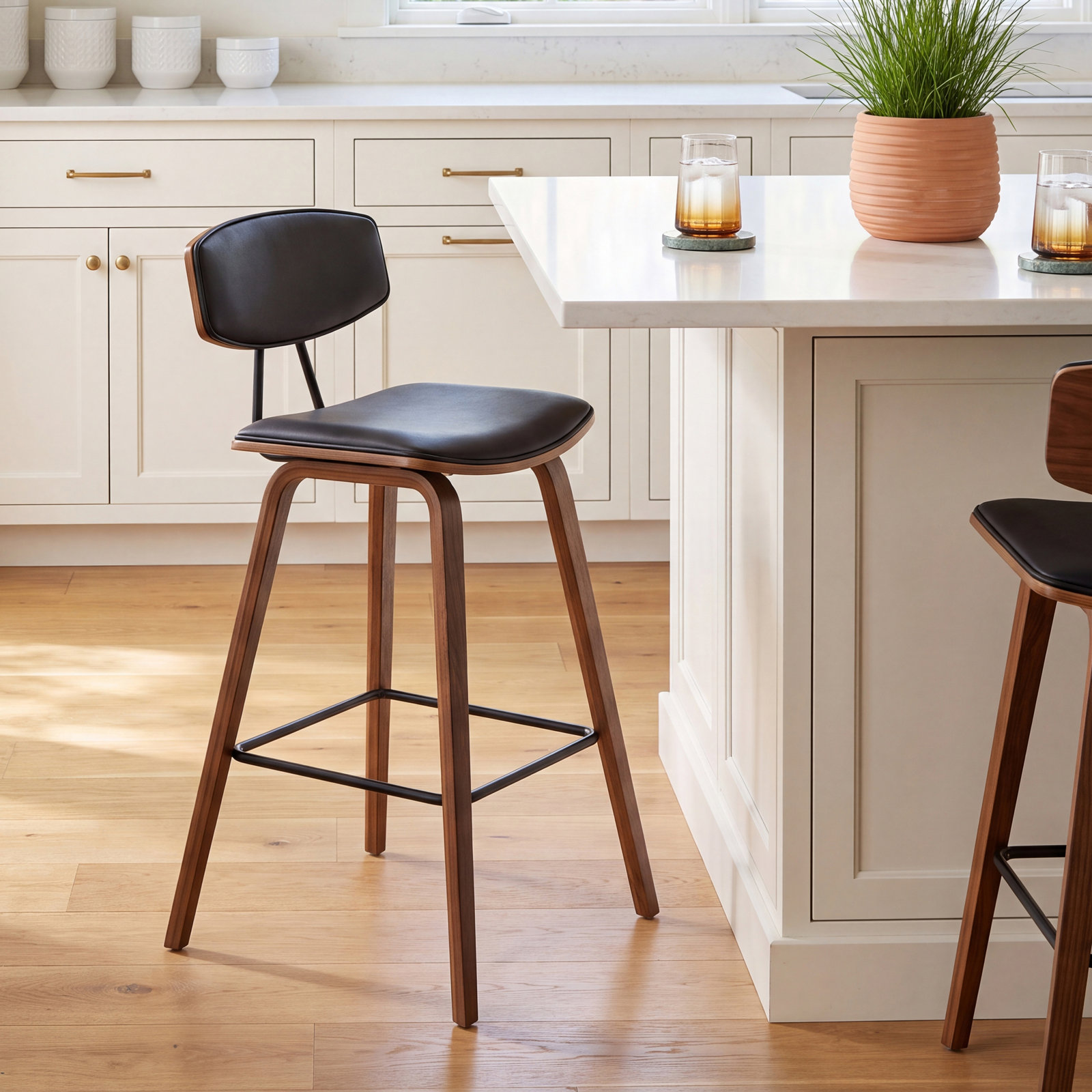 Bilgin Bar and Counter Stool, Bar Stool (29" Seat Height), Brown Faux Leather, Walnut