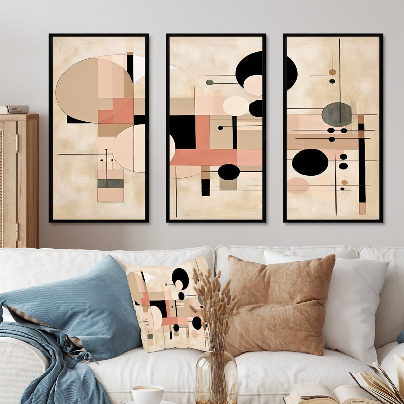 Cubisme beige et rose Synergy I - ensemble de décorations murales abstraites, Cadre flottant noir, H 32 po x l 48 po x P 1 po