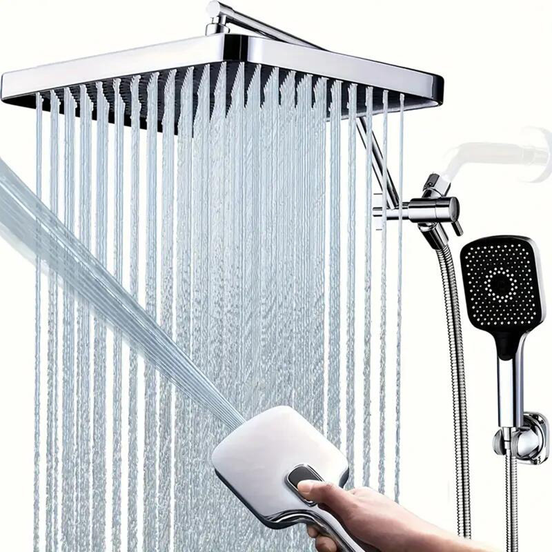 Pommeau de douche chromée effet pluie avec douchette à main, bras réglable haute pression de 40 cm.