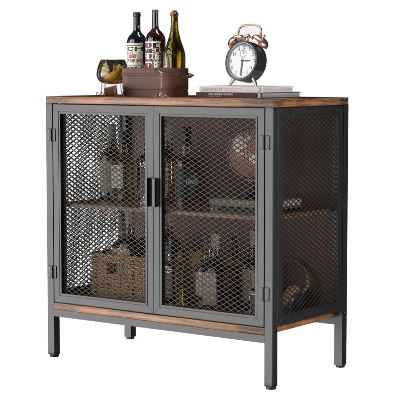 31.4" Rustic Brown Storage Sideboard with Mesh Doors, Home Wine Cabinet & Industrial Coffee Bar