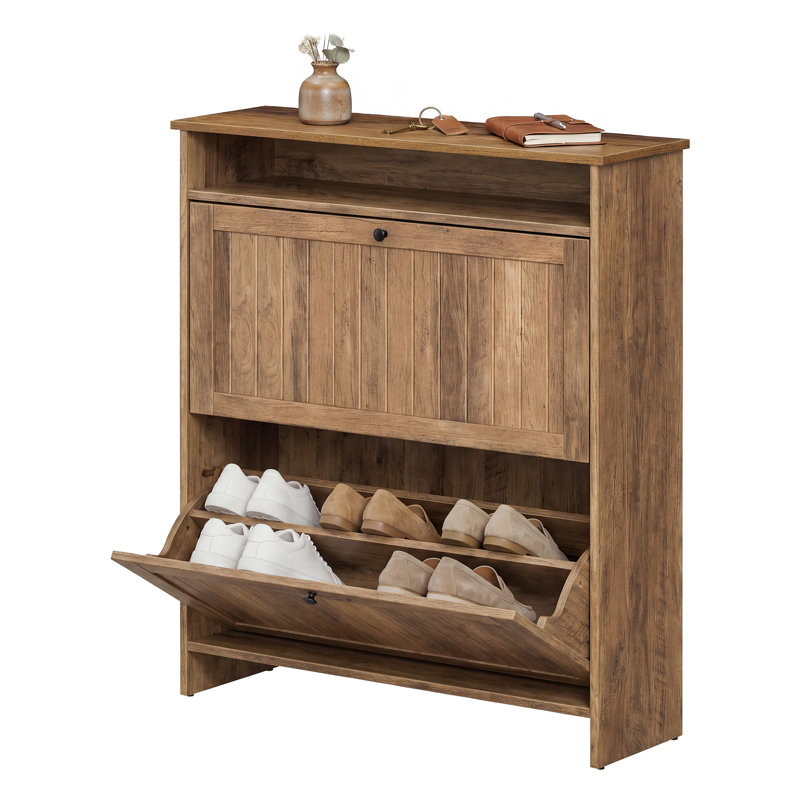 Armoire à chaussures pour hall d'entrée, assemblage ultrarapide, avec séparateurs réglables, 2 tiroirs rabattables, Brun