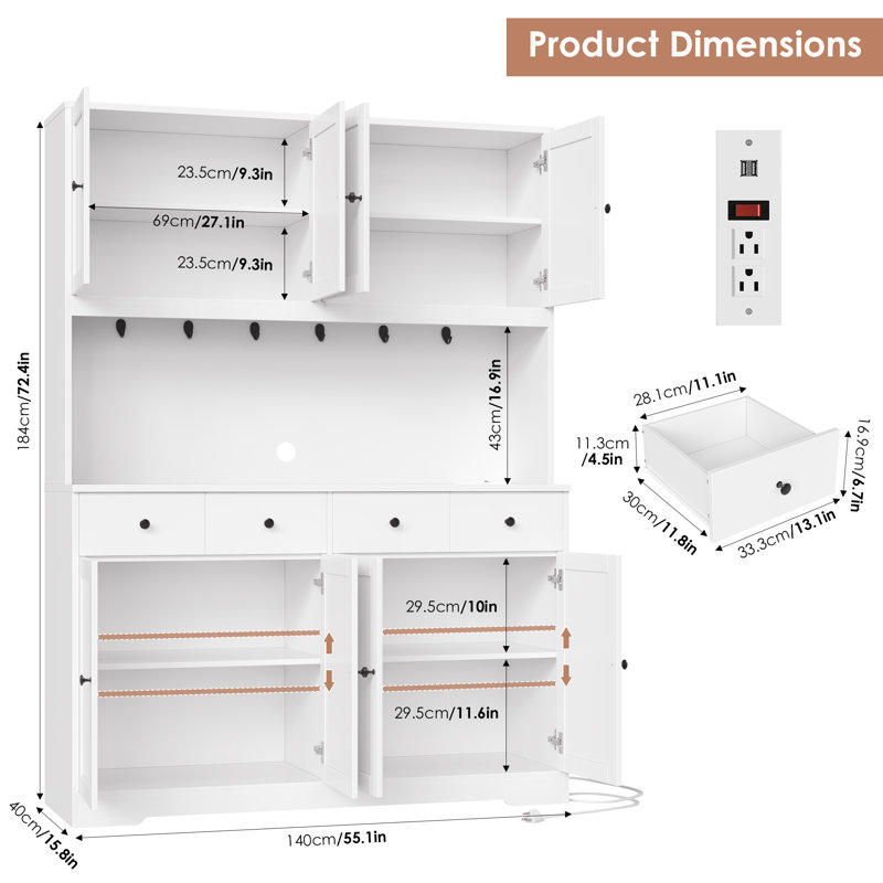72.4" Kitchen Pantry Cabinet, White