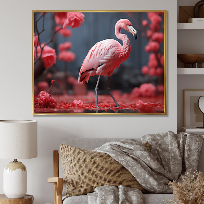 Flamant rose élégant - imprimé, H 16 po x l 32 po x P 1 po, Cadre flottant doré