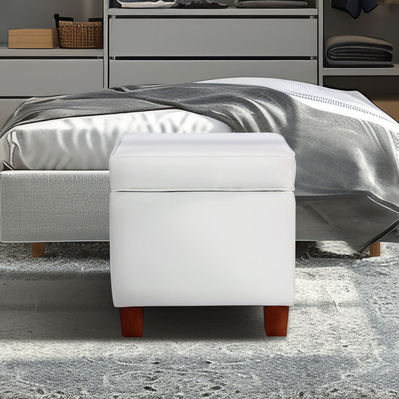 Repose-pieds de rangement en similicuir Kemmerer avec pieds en bois, Simili cuir blanc