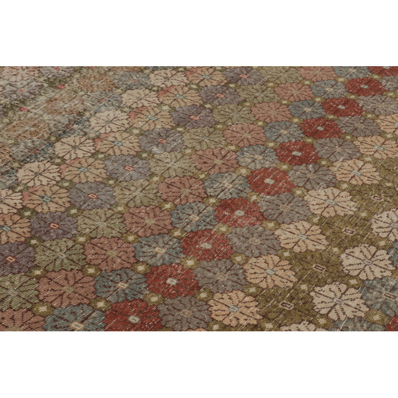 Vintage Distressed Rug, Warm Beige And Blue Geometric Floral Motif - Rug & Kilim