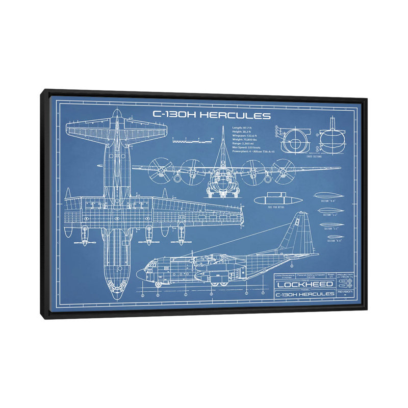 Blueprint d’avion C-130 Hercules-impression de dessin, Pas de tapis, H 18 po x l 26 po x P 1,5 po, Toile avec cadre noir