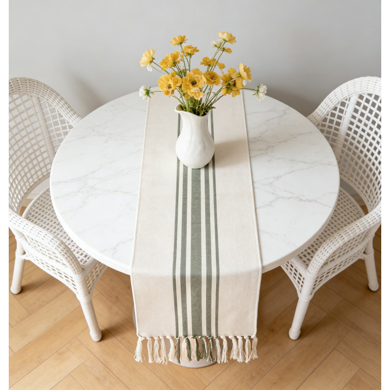 Handcrafted Table Runner With Tassels For Modern Farmhouse Decor, Striped Dining Table And Coffee Table Cover, Green