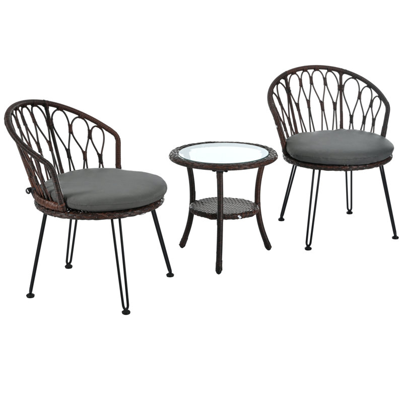 Verdiva Outdoor Leisure Conversation Set With 2 Rattan Chairs And Glass Table, Brown, Gray