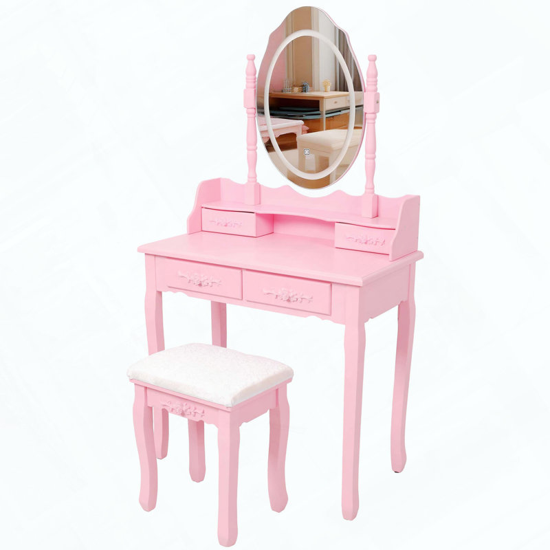 Pink Princess Vanity Desk Set with LED Light Mirror, 4 Drawers and Stool, Pink